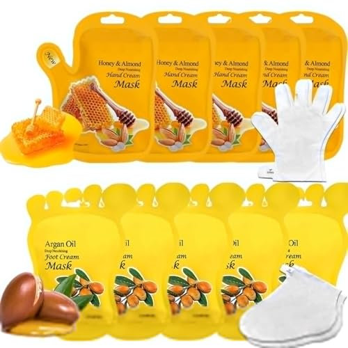 Foot Mask Hand Mask Hydrating Honey Almond Gloves Argan Oil 10 Packs Multipack Socks Masks Moisturizing Repairing Nourishing Masks Spa Skin Care Women for Dry Rough Skin Elitzia ETOHAF