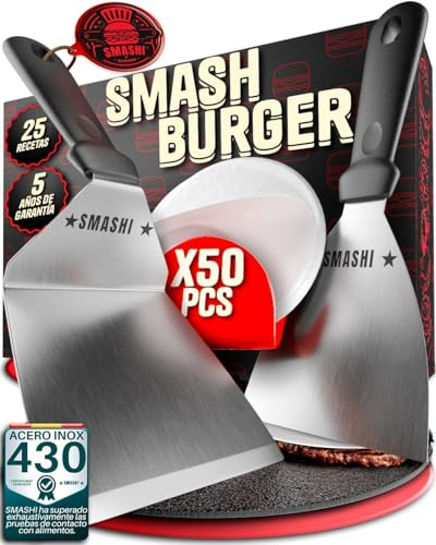 SMASHI® Set de 2 Espátulas de Cocina Acero Inoxidable + 50 Papeles Antiadherentes – Espátula para Plancha, Smash Burger, Rasqueta, Paleta de Cocina Profesional para Carne y Verduras