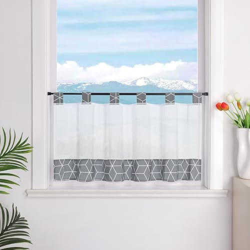 Delien Rideau de bistrot moderne avec motif losanges dégradé de couleur – Rideau brise-bise transparent avec passants pour cuisine, maison de campagne, 1 pièce, blanc, gris, l x H 110 x 90 cm