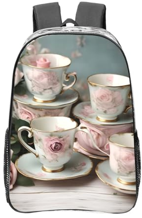 NBAGHPQ Tasses à thé avec roses imprimé romantique élégant sac à dos transparent en PVC transparent grande capacité poches polyvalentes, transparent, taille unique