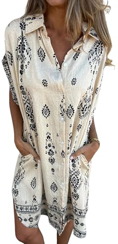 Bsubseach Frauen Kleid Gefüttert Button Down Floral Print Kurzarm Sommer Casual Shirt Kleid Aprikose XXL