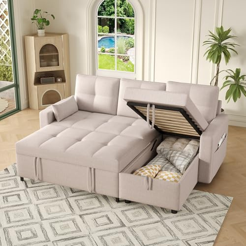 Lubvtti Sofá Cama 3 plazas con función de Cama,sofá esquinero Moderno en Forma de L con portavasos y Espacio de Almacenamiento, sofá 3 plazas,Lino,Beige