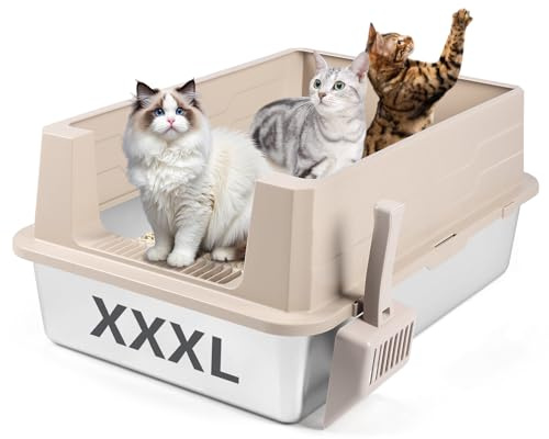 Bartuke Extra große Katzentoilette Edelstahl, XXXL 70 x 50 x 30 cm Katzenklo aus Metall mit hohem Rand und Schaufel, auslaufsicher, leicht zu reinigen, für große und mehrere Katzen (Khaki)