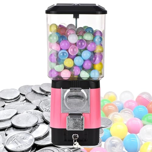 Distributeur automatique de bonbons, machine à chewing-gum à pièces, 200 boules vides, 100 jetons en acier inoxydable, tirelire à pièces for capsules de jouets, boules rebondissantes, bonbons(Pink)