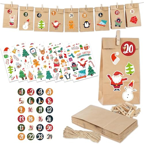 DIY Adventskalender zum Befüllen – 24 Adventskalender Tüten mit Zahlenaufkleber, Weihnachten Aufkleber, Juteseil & Holzklammern – Weihnachtskalender selber befüllen
