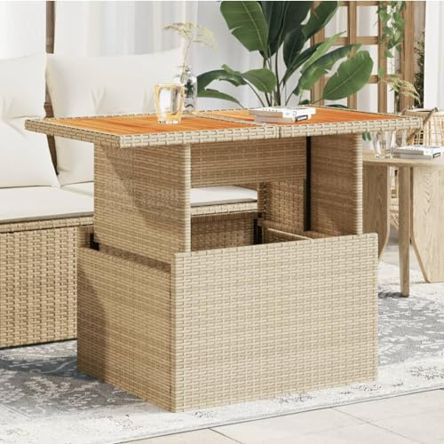 HaoChrymec Gartentisch Beige mit Akazienholz und PE-Rattan, Verstellbare Tischplatte, Loungetisch Outdoor, Beistelltisch Garten, Wetterfest, 100 x 55 x 44/73 cm