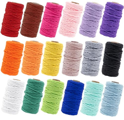 18 Rollen Makramee-Schnur, 2 mm x 30 m natürliche Baumwoll-Makramee-Kordel, 3-fach gedrehte weiche Baumwollschnur für Kunstwerke, Wandbehänge, Pflanzenaufhänger, Bastelarbeiten und Stricken, 18 Farben