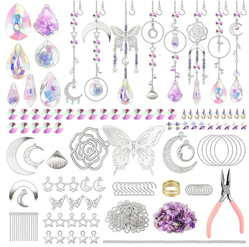 400 Stück Suncatcher Bastelset Kristall, Sonnenfänger DIY Set Fensterdeko | Suncatcher Lichtfänger Falter Mond Prisma Hängend,Mit Kristallen, Anhängern Zubehör,bastelset sonnenfänger für Garten Büro