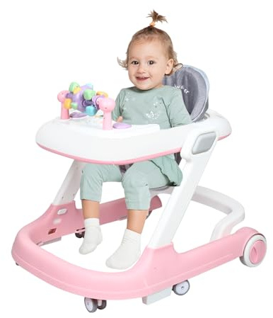 Gåstol, babywalker och gå-vagn, gåvagn baby walker för barn, gånghjälpmedel, justerbar höjd, med musikfunktion (60 x 55 x 70 cm rosa)