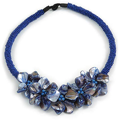 Avalaya blå glaspärla med snäcka blommigt motiv halsband/48 cm lång, En storlek, Glas Glas snäckskal