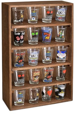 Ikee Design Wooden Wall-Mounted Display Shelves Rack for Collectibles, Shot Glasses, Spice Can, Cosmetics or Perfume - 5 Adjustable Height Shelves, Space-Saving, Brown