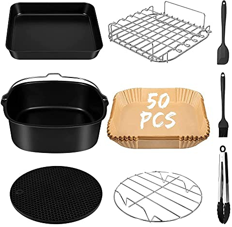 Airfryer Zubehör,9-Stück Heißluftfritteuse Zubehör,Heissluft Fritteuse Zubehör Passt für 5,5L Heißluftfritteuse Aller Marken,Air Fryer Zubehör Set,Backform, Pizza Pan,Dämpfen Rack,Silikonmatte
