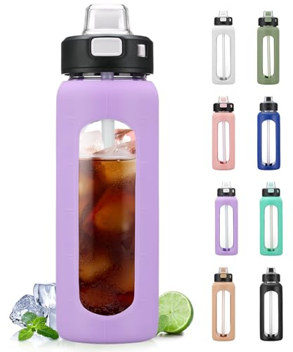BLUEGO 700ml Glass Water Bottle with Handle and Straw Drinking Hydration Bottle with Silicone Sleeve and Time Marking Motivational Water Bottle for Gym Sports Outdoor Leak-proof,Purple
