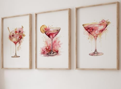 Pink Cocktails Set of 3 Unframed Wall Poster Prints, Beautiful Watercolour Design, Bathroom Bedroom Lounge Kitchen Office Home Décor, Martini Glasses Cherries Flowers, Pink and Gold (A3)