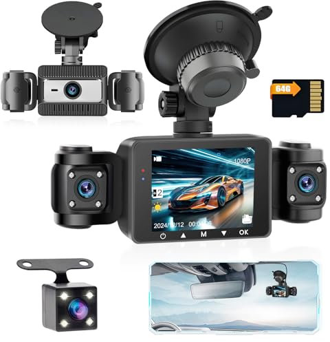 Hikity DVR 1080P Dashcam Cámara Coche 2,4 con Tarjeta TF de 64GB Four Cámara Gran Angular 150°, Super Visión Nocturna, Sensor G, Grabación en Bucle, Monitor de Aparcamiento 24H MAX 128G