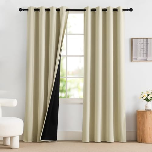 PONY DANCE 100% Blickdichte Vorhänge Beige 2er Set H 220 x B 140 cm Thermogardinen Hitzeschutz Verdunklungsvorhänge mit Ösen für Wohnzimmer & Schlafzimmer, Hellbeige