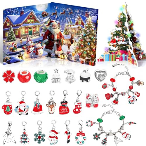 Omtofo Calendario de Adviento de joyas 2025 para niños y niñas, 24 rellenos, calendario de Navidad, calendario de Adviento, joyas para niños, adolescentes, mujeres, DIY, amuleto, pulsera, kit de