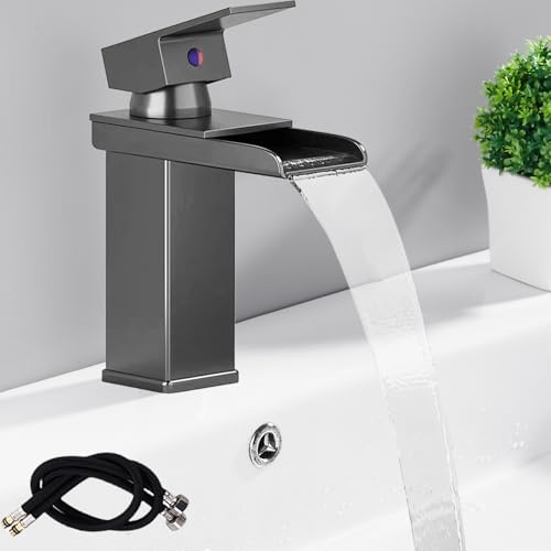 Grifo de cascada para baño Gungrau, grifo de lavabo de acero inoxidable, grifo de agua caliente y fría, grifo monomando moderno para baño (tubos de 60 cm incluidos)