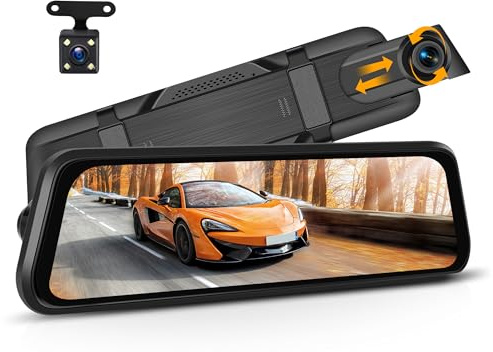 CAMECHO Spegel Dashcam med backkamera 9,66 tums skärm Full HD 1080P, dubbel instrumentkamera fram och bak bil, super mörkerseende med gånginspelning, rörelsedetektering