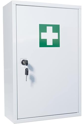 First Aid Products Verbandschrank B – inkl. DIN 13157:2021 Füllung – Metall, 3 Ablageflächen, abschließbar – Betriebsverbandkasten, Büro, Betrieb, Versammlungsstätte & Werkstatt – 46×30×14 cm