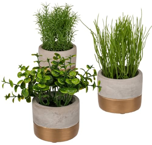 LND Gifts, Fake Plants Set Of 3 Herbs In Cement Pots, 14-16 cm Artificial Plants, Home Decoration Gifts, Ideal Kitchen Decor, Ornaments For Shelves, House And Office Decor