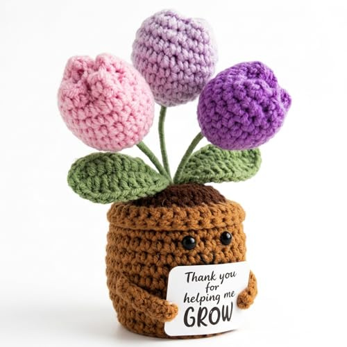 Thank You for Helping Me Grow, Adorable Teacher Gifts, Crochet Tulip Potted Plant, Appreciation Gifts for Nurses, Mentors, Office Desk Decoration, Handmade Thank You Gift for Women