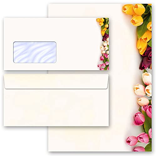 Briefpapier Sets Motivpapier Briefpapier mit Umschlag, BUNTE TULPEN 100 Blatt Briefpapier + 100 passende Briefumschläge DIN LANG mit Fenster