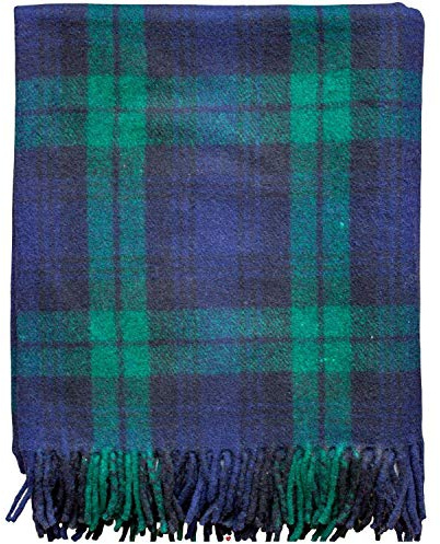 I LUV LTD Black Watch Tartan Green Blue Tweed Blanket 75% Wool