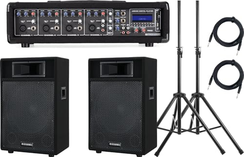 Pronomic PM42-115 StagePower Set Sistema Attivo (Mixer amplificato 4 canali 100 watt con lettore MP3, casse da 15, supporti e cavi)