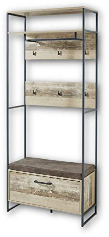 Stella Trading ROOF Garderobenpaneel Schuhbank mit Sitzfläche in Used Style Optik - bequeme Retro Sitzbank mit Stauraum für Ihren Flur - 82 x 200 x 38 cm (B/H/T)