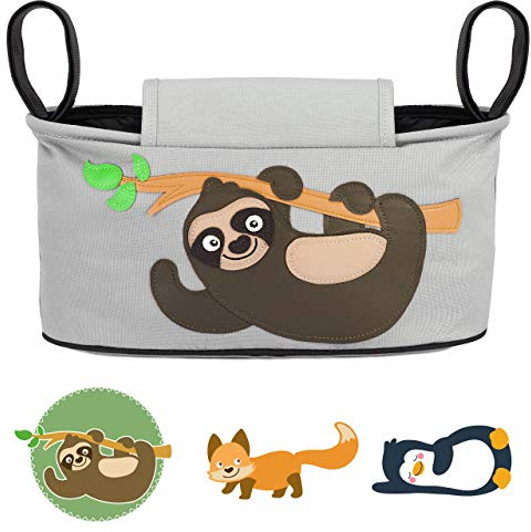 GLÜCKSWOLKE Kinderwagen Organizer - Kinderwagentasche - Faultier I Grau | 12 Motive zur Auswahl I Kinder Buggy Organizer mit Feuchttuchspender I Baby Zubehör Stroller Bag I Kinderwagen Tasche