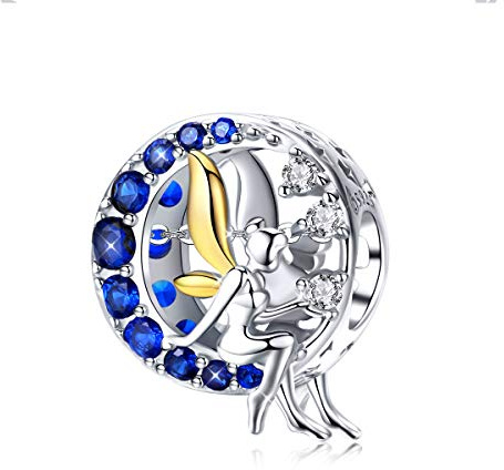 Ängelberlocker 925 sterlingsilver blå måne måne fé CZ pärlor berlocker kompatibel med Pandora europeiska armband