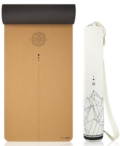 Mosswell Premium Kork-Yogamatte (4mm dick) - Rutschfeste Fitnessmatte mit Hilfslinien - Pilatesmatte + Yogatasche