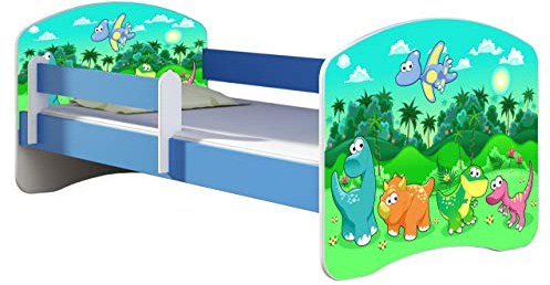 ACMA Kinderbett Jugendbett mit Einer Schublade und Matratze Blau mit Rausfallschutz Lattenrost II 140x70 160x80 180x80 (30 Dino, 140x70)