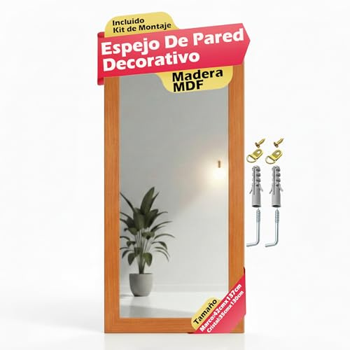 CHELY INTERMARKET MOD128 Espejo Pared Vertical Decorativo Grande Estilo Moderno Marco Madera Cuerpo Entero Elegante 35x130 cm Cerezo Ideal Recibidor Dormitorio Baño Incluye Kit Montaje