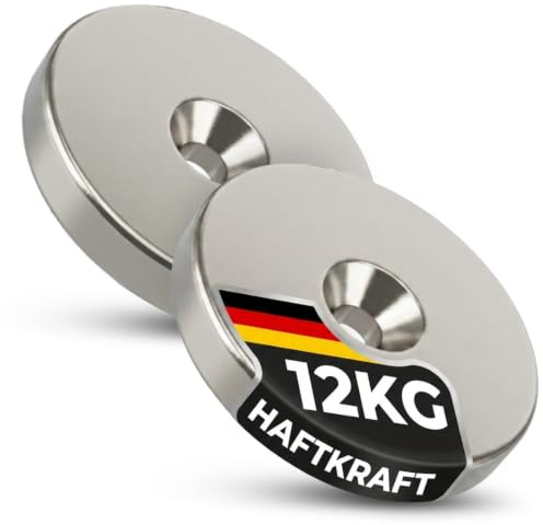 Neodym Magnet mit Bohrung und Senkung 30mm x 5mm 12 KG Scheibe- Senkkopfschraube - M4 Senkloch zum anschrauben - Magnetscheibe Senkbohrung Senkkopf [2 Stück]