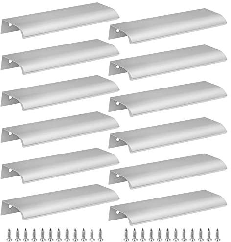 Cjueiom 12 Pack Concealed Kitchen Cupboard Handles 128mm Hole Center Hidden Drawer Pulls, Finger Edge Pull Aluminum Cabinet Handle Invisible Door Knob for Wardrobe (150mm Total Length, Silver)