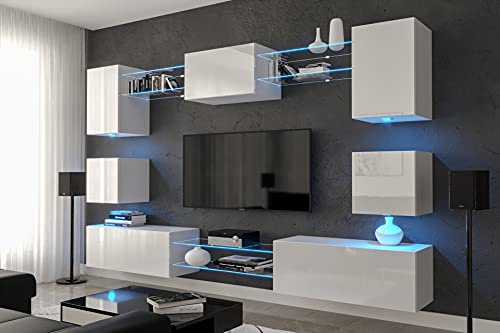 Nowara Wohnwand Modern mit LED RGB - 16 Farben | Hängend Wohnzimmer Schrankwand mit Regale und TV Schrank