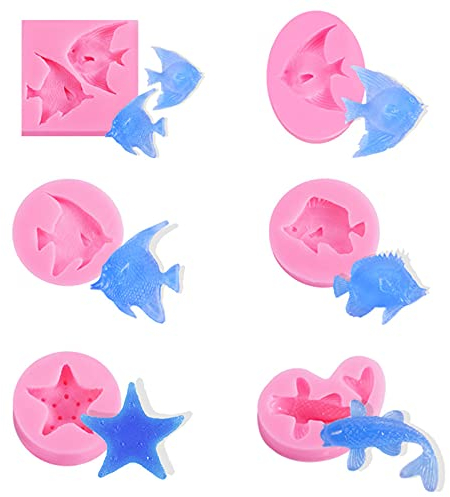 TROYSINC 6 Stück Fisch Silikon Formen, 3D Ozean Tier Silikon Backformen, Seestern Schokoladenform,Koi Silikonform, für Fondant Backen Marzipan Kuchen Muffin,Tortendekor,Basteln Dekorieren, Pink