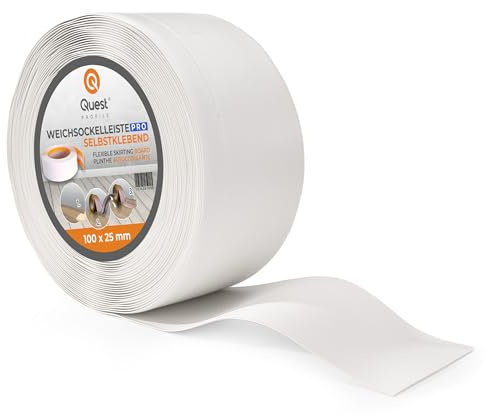 Quest Mjuk Golvlist, Mjuk Sockellist utan tejp – 100 mm x 25 mm – avslutningslist, bred böjbar list – för väggar, golv – PVC, flexibel, vattentät, dekorativ. (Vit, 25m)