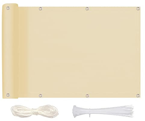 MEEYI Paravento per Balcone 100x200cm, Frangivista per Recinzione di Giardino con Fascette e Funi Impermeabile Protezione Solare Protezione Vento per Balcone Giardino Terrazza, Beige