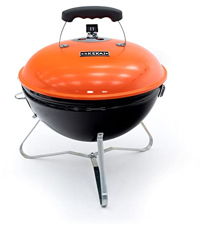 KEKAI Barbacoa de Carbón Portátil de Sobremesa Tahoe 37x37x44 cm con Sistema de Transporte y Bloqueo de Seguridad de Acero Inoxidable Esmaltada en Naranja con Rejilla Regulable