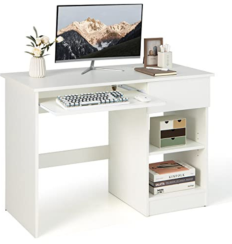 COSTWAY Computer Desk with Drawer & Adjustable Shelf, 108 x 48cm (White) | Wooden PC Laptop Table Writing Workstation with Sliding Keyboard Tray & Storage, Modern Home Office Working Gaming Study Desk