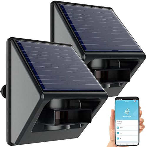 Luminea Home Control Raumüberwachung: 2er-Set Outdoor-PIR-Sensoren, Solarpanel, App, IP55, ZigBee-kompatibel (Bewegungsmelder Elesion, Akku Bewegungsmelder aussen, Alarm)