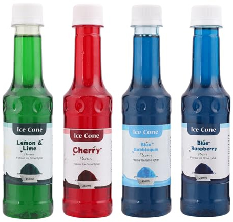 Sciroppo per Cono Ghiaccio, utilizzabile con All Slush| Slushie Machines Ciliegia, gomma da masticare blu, limone e lime, lampone blu Ciascuno da 250 ml (confezione da 4)