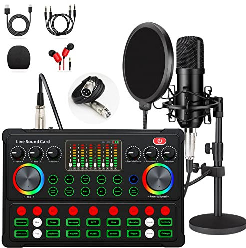 Podcast Equipment Bundle, 48V XLR Podcast Microphone Bundle, Voice Changer with Adjustable Microphone Stand, Studio Condenser Microphone for Smartphone PC DJ Recording