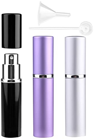 Zingso 3 Stück 6ml Parfümzerstäuber Nachfüllbar Flaschen Reise Mini Portable leere Sprühflasche mit Trichter und Pipette (Schwarz + Silber + Dunkelblau) (6ml(Schwarz + Lila + Silber)) | Leere Reiseflaschen mit Trichter, ideal für Parfüm, Köln und Aftershave