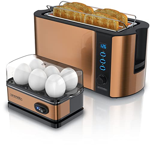 Arendo - SET Eierkocher SIXCOOK mit Toaster FRUKOST Edelstahl Kupfer, Toaster 4 Scheiben, LED-Display, 6 Bräunungsgrade, Brötchenhalter - Eierkocher 1-6 Eier, Messbecher