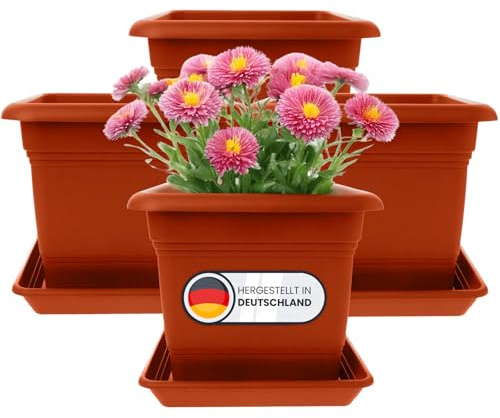 4er Set Pflanzkübel Groß Aussen, Blumentopf Gross 48cm, Pflanzentopf Blumentopf mit Untersetzer, Pflanzkübel Kunststoff Terracotta, Blumenkübel Pflanztöpfe Blumentöpfe Made in Germany, Model:Ila