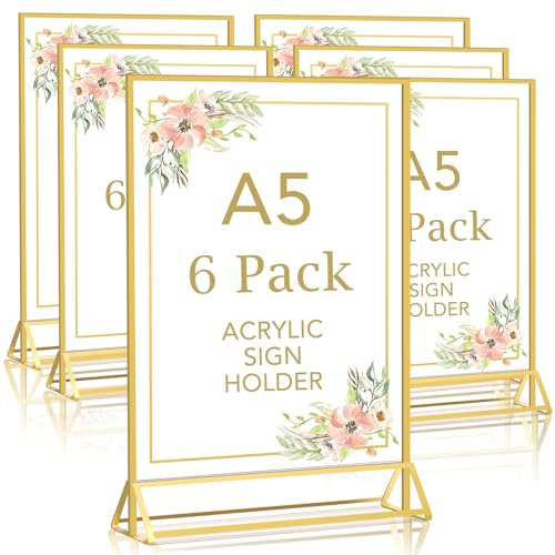 DMSELL 6 Pack A5 Acrylic Sign Holder with Gold Border, A5 Display Stand for Table Menu, Gold Menu Holders for Wedding, Restaurant Signs(Double Sided)